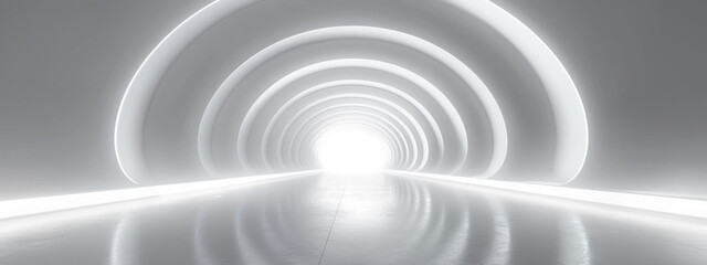 Obraz premium White background 3D room light abstract space technology tunnel stage floor. Empty white future 3D neon background studio futuristic corridor render modern interior silver road black wall design gray