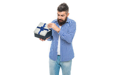 Man with gift isolated on white. Romantic gift for the date. Present for mens day. Man on February 14. Bearded guy hold present box for Valentines day. Happy Valentines day. Mens day