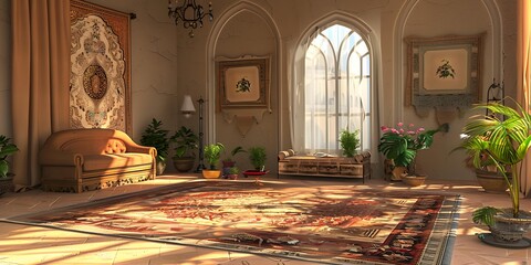 Obraz premium Living Room with Ornate Rug and Large Windows