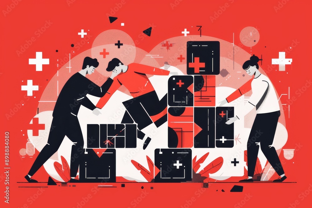 Poster abstract illustration of people managing boxes and charts in a dynamic red background symbolizing te