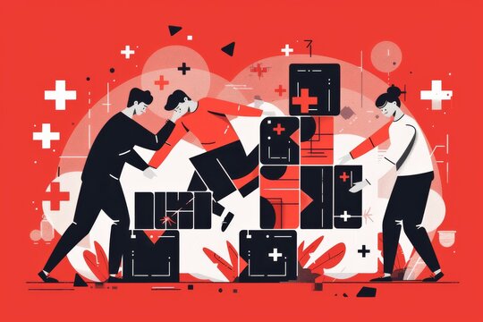 Abstract illustration of people managing boxes and charts in a dynamic red background symbolizing teamwork organization and productivity in a vibrant setting
