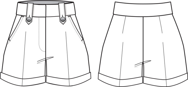 recommend clip art: Women's Button-up Shorts. Technical fashion illustration with side pockets. Front and back, white color. Women's CAD mock-up.