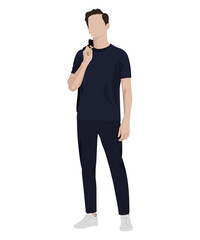 Vector illustration of a man wearing a dark blue t-shirt and dark blue pants. Everyday minimalism