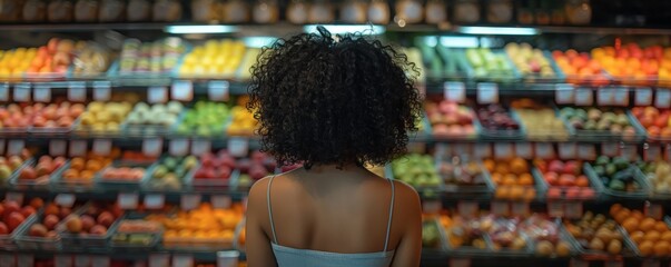 Woman shopper shopping in a grocery store, looking at fresh produce of fruits and vegetables and making healthy choices for a lifestyle of wellness and nutrition