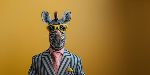 Fototapeta premium A zebra dressed in a stylish striped suit and sunglasses stands against a blue background, embodying a unique view of cool animals in fashion