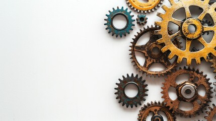 Closeup top view of gear wheel on white background with space for text