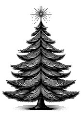 Fototapeta premium decorated Christmas tree with a star on top, surrounded by falling snowflakes, festive vintage feel sketch engraving generative ai PNG illustration. Scratch board imitation. Black and white image.