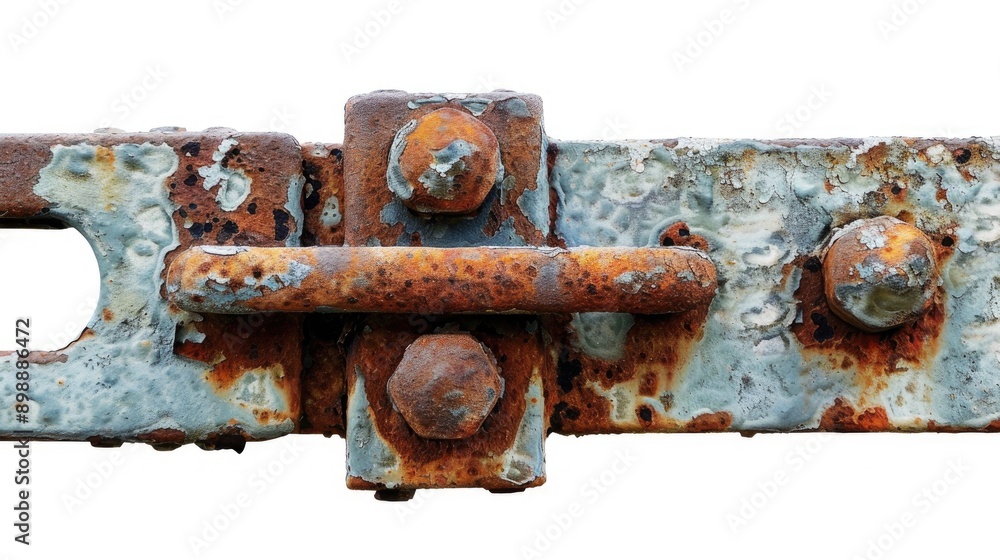 Poster fastening device for secure attachment of rusty bridge railing on white background