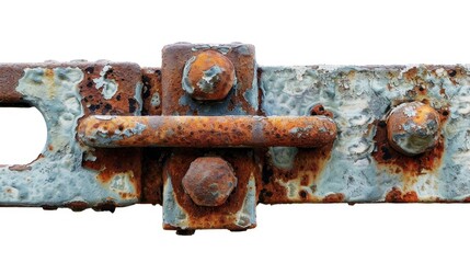 Fastening device for secure attachment of rusty bridge railing on white background