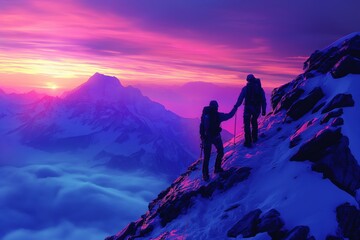Fototapeta premium A hiker helping a friend on the peak of a mountain at sunrise, showcasing teamwork and the spirit of adventure, perseverance, and exploration