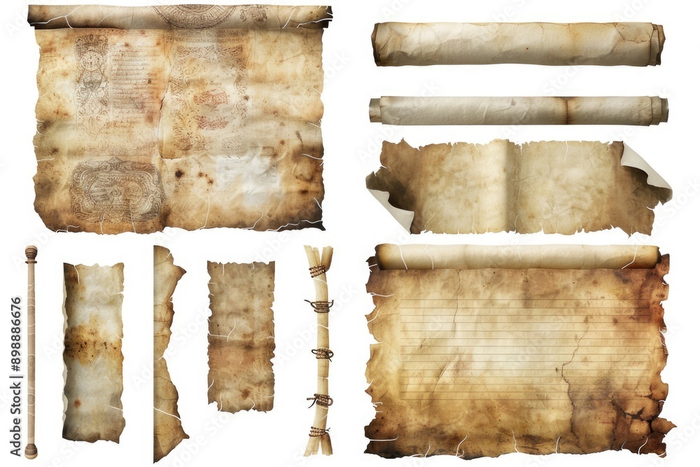 Poster a collection of old papers and scrolls on a white background, perfect for history or nostalgia-theme