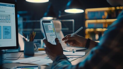 Close up ux developer and ui designer use augmented reality brainstorming about mobile app interface wireframe design on desk at modern office.creative digital development agency.