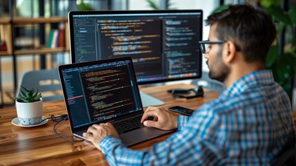Website developer working using laptop at the office on wooden.