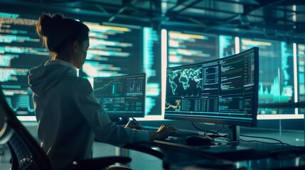 Fototapeta premium Professional developer programmer working a software website design and coding technology writing codes and database in company office global cyber connection technology.