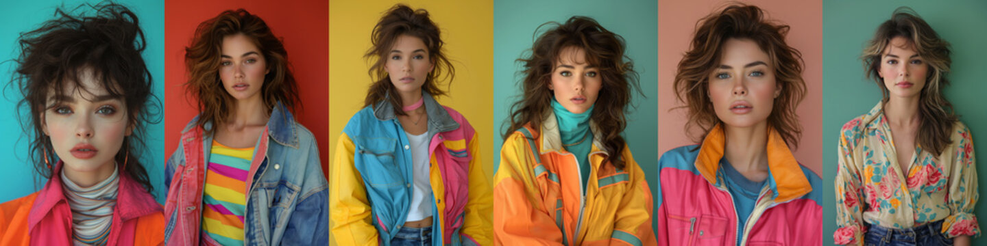 Portraits of stylish women, wearing 1980s style fashion clothing, each woman with unique hairstyles capturing the essence of retro 80s vintage clothes