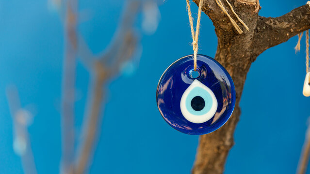 evil eye bead hanging on the tree, space for text with blue background