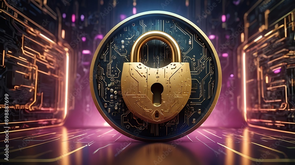 Aufkleber neon padlock on circuit board; cyber security concept. suitable for technology websites, data protec