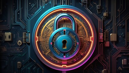 Neon padlock on circuit board; cyber security concept. Suitable for technology websites, data protection blogs, cybersecurity presentations, and digital security themes.