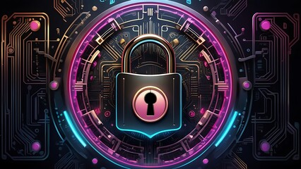 Obraz premium Neon padlock on circuit board; cyber security concept. Suitable for technology websites, data protection blogs, cybersecurity presentations, and digital security themes.