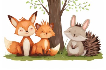 Fototapeta premium Whimsical trio of animal friends enjoying a serene moment together