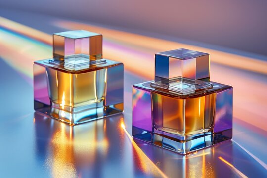 Elegant perfume bottles with a reflective surface highlighting luxury fragrance and sophistication in a stylish and modern visual