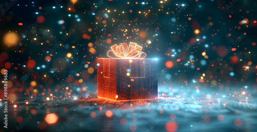 Poster a box with a red bow on top of it is surrounded by a lot of sparkles