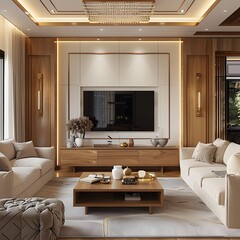 Modern Living Room Interior Design with Wooden Wall Panels and Beige Sofa