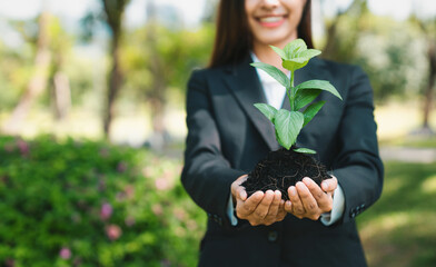 Asian businesswoman holding plant as concept of eco company committed to corporate social...
