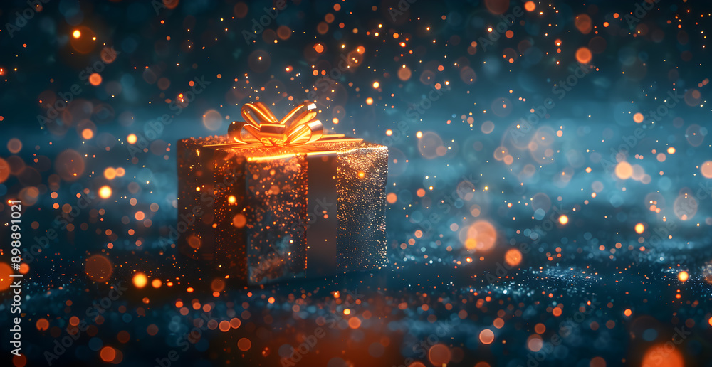 Poster a box with a bow on top of it is sitting on a surface with a lot of sparkles