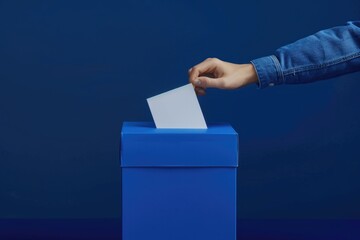 A person inserting an item into a blue mailbox or recycling bin
