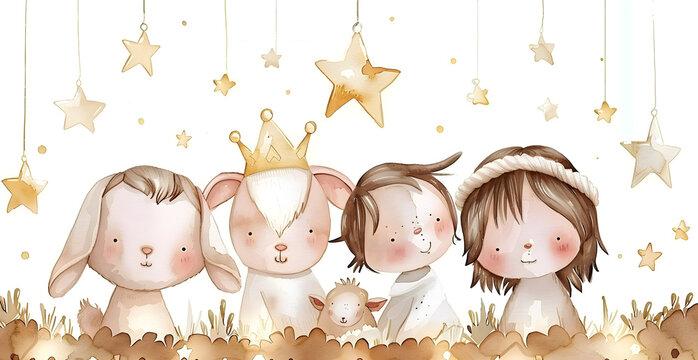 A group of four cartoon animals, including a rabbit, a dog, a cat, and a bear