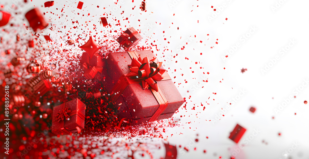 Poster a red box with a red bow on top of it is surrounded by red confetti