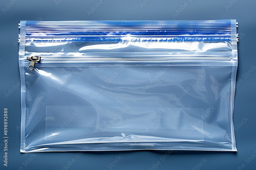 Poster clear plastic bag on a blue background representing transparency storage and simplicity in a clean a