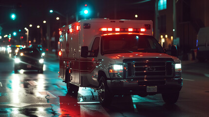 Ambulance at Night: High-Resolution Photo Capturing an Emergency Vehicle in a Nighttime Scene, Highlighting Lights and Activity in a Dark Setting