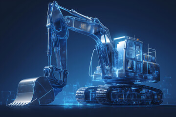 Heavy equipment illustrated in a wireframe style on a blue background,  intricate design and engineering details. The illustration emphasizes the complexity and functionality of heavy machinery