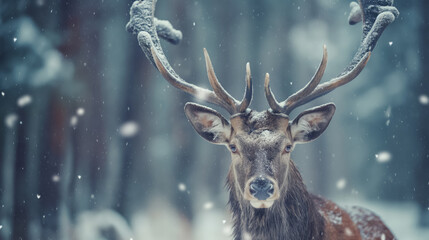 cinematic view of majestic deer with large antlers in snowy winter forest backdrop