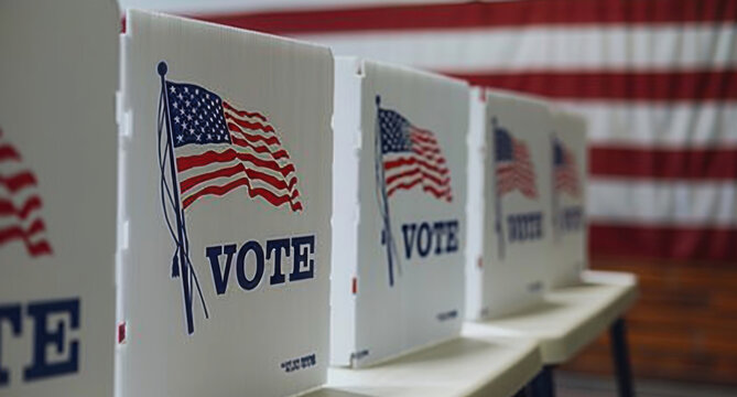 CU straight on row of voting booths at polling station during American election. US flag in background.
