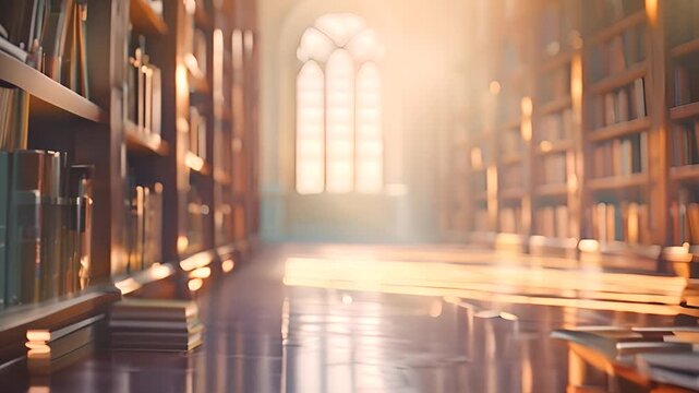 Warm morning sunlight streaming into an old library with wooden bookshelves and arched window in the background