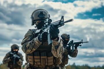 Fototapeta premium A soldier holds a gun in his hand, ready for action