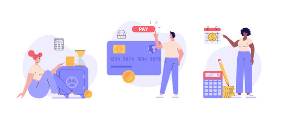 Customer buying online with virtual bank e-card. Client using mobile bank service. Woman saving money in profitable deposit. Set of online payment, mobile bank, safe bank deposit. Vector illustrations