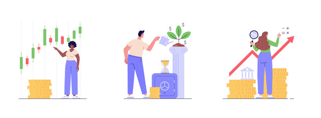 People successfully invest. Concept of return on investment, financial solutions, passive income, investment strategy, lucky speculation. Vector illustration in flat design for web banner landing page