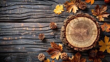 Top view of a tree cross section on wooden backdrop in autumn theme with room for text