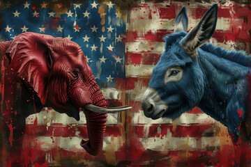 Republican and democrat elephant and donkey facing off American election party politics concept
