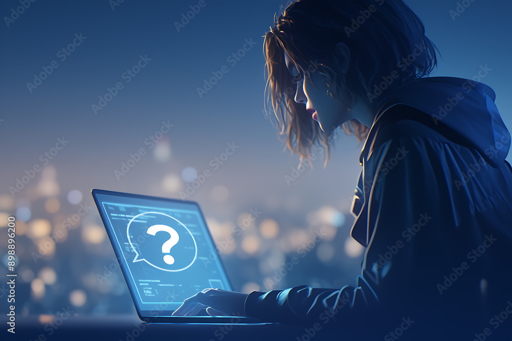 Poster a person using a laptop with glowing digital interface icons representing emails, data transfer, and