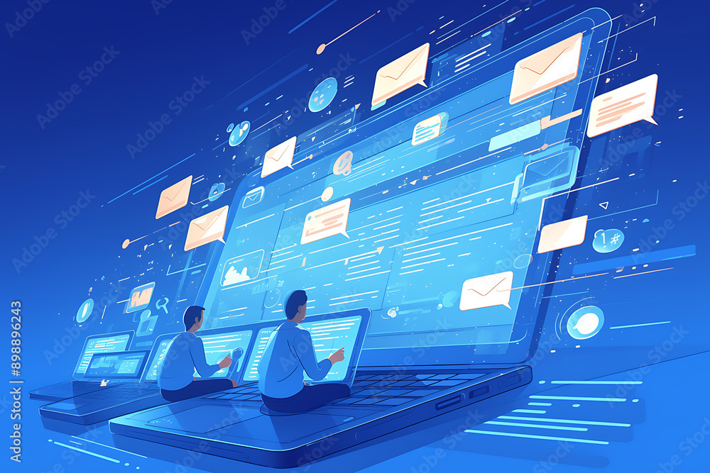Poster a person using a laptop with glowing digital interface icons representing emails, data transfer, and