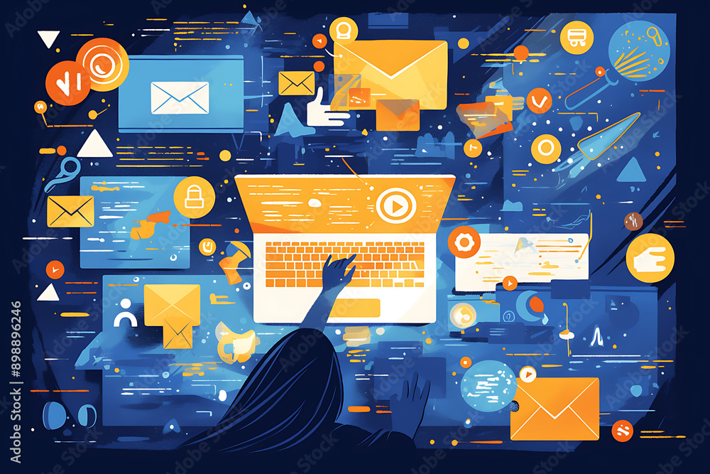 Poster a person using a laptop with glowing digital interface icons representing emails, data transfer, and