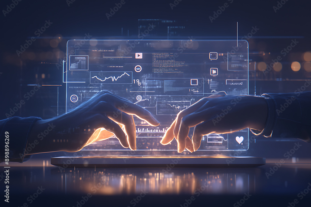 Poster a person using a laptop with glowing digital interface icons representing emails, data transfer, and