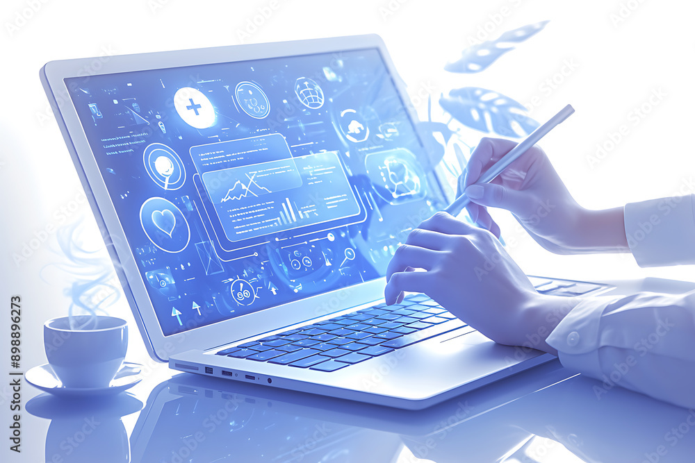 Poster a person using a laptop with glowing digital interface icons representing emails, data transfer, and