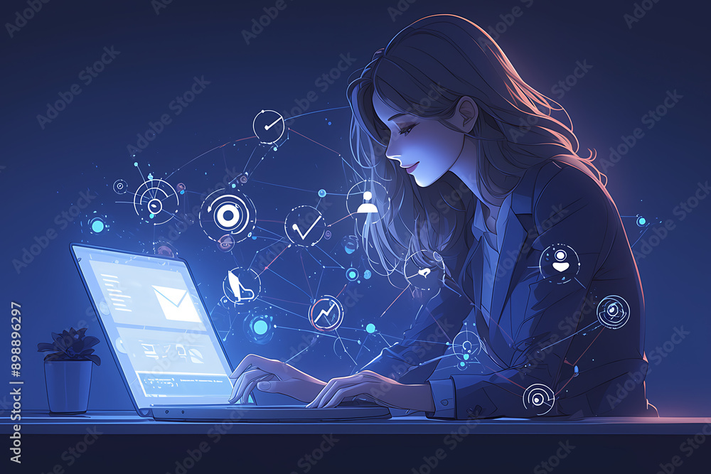 Poster a person using a laptop with glowing digital interface icons representing emails, data transfer, and
