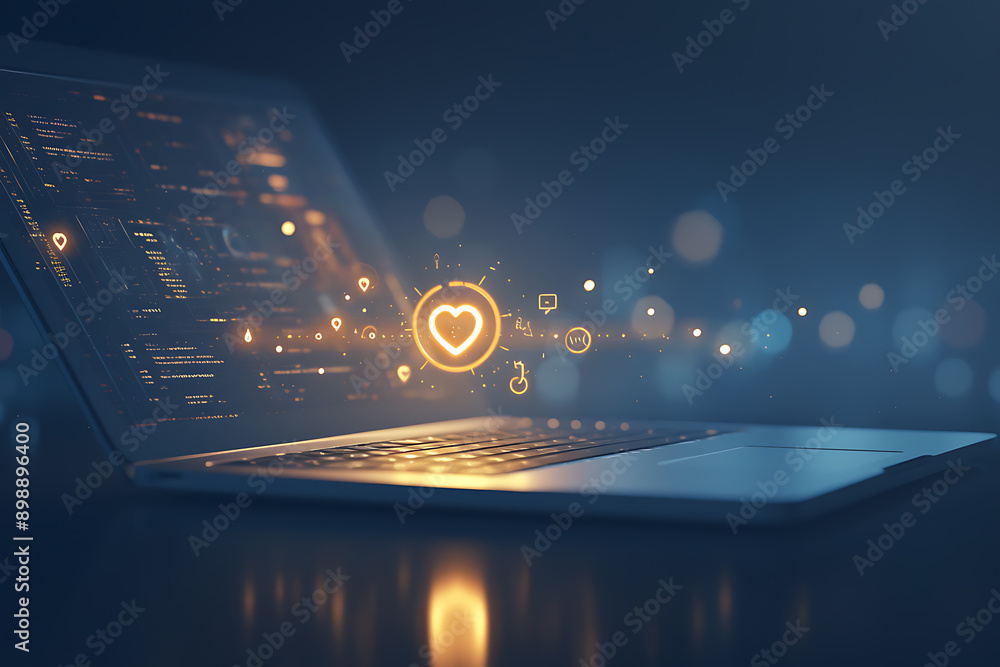 Poster a person using a laptop with glowing digital interface icons representing emails, data transfer, and